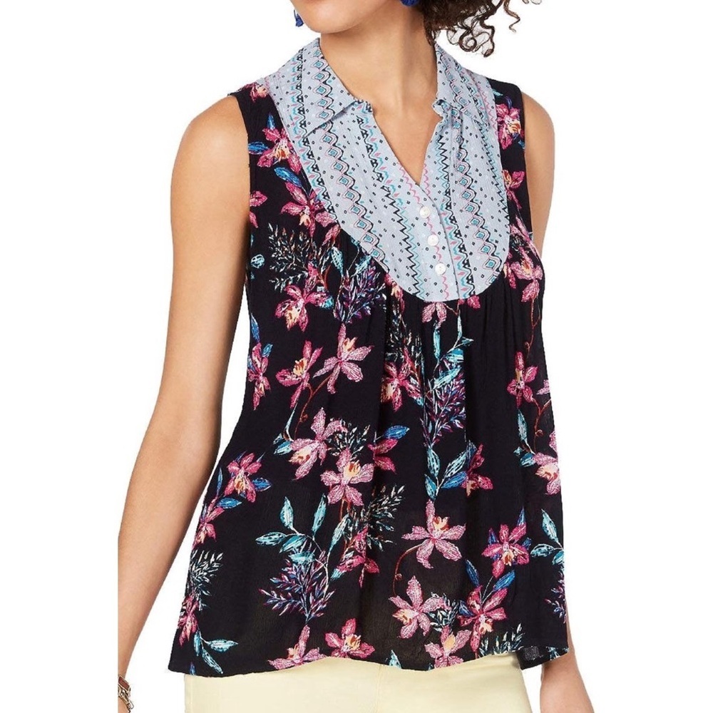 Style & Co. Womens Mixed Media Collared Top